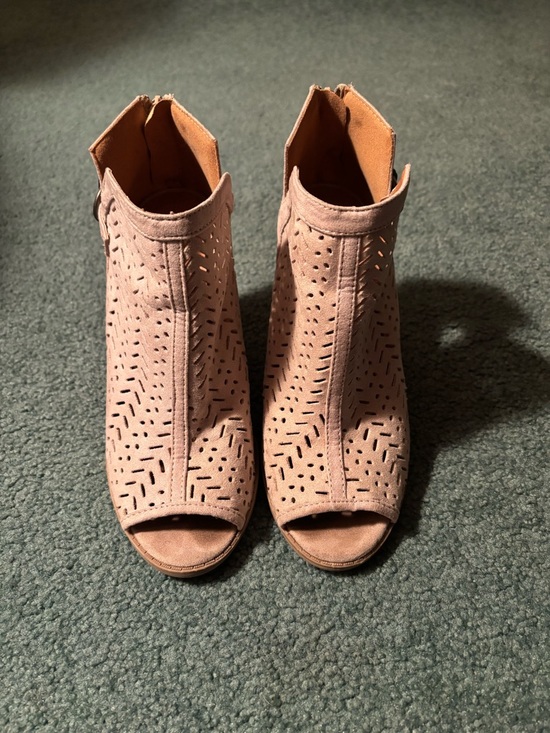 Qupid Shoes - Women's (beige) Suede Peep-Toe Ankle Booties